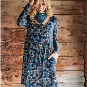Peruvian Connection Huari Pima Cotton Long Sleeve Pocket Dress Navy Rust Large